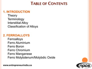TABLE OF CONTENTS
1. INTRODUCTION
Theory
Terminology
Interstitial Alloy
Classification of Alloys
2. FERROALLOYS
Ferroalloys
Ferro Aluminium
Ferro Boron
Ferro Chromium
Ferro Manganese
Ferro Molybdenum/Molybdic Oxide
www.entrepreneurindia.co
 