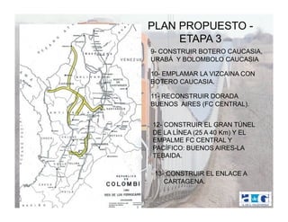 PLAN PROPUESTO -
     ETAPA 3
9- CONSTRUIR BOTERO CAUCASIA,
URABÁ Y BOLOMBOLO CAUCASIA

10- EMPLAMAR LA VIZCAINA CON
BOTERO CAUCASIA.

11- RECONSTRUIR DORADA
BUENOS AIRES (FC CENTRAL).


12- CONSTRUIR EL GRAN TÚNEL
DE LA LÍNEA (25 A 40 Km) Y EL
EMPALME FC CENTRAL Y
PACÍFICO: BUENOS AIRES-LA
TEBAIDA.

 13- CONSTRUIR EL ENLACE A
    CARTAGENA.
 