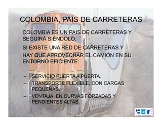 COLOMBIA, PAIS DE CARRETERAS
COLOMBIA ES UN PAIS DE CARRETERAS Y
SEGUIRÁ SIÉNDOLO.
SI EXISTE UNA RED DE CARRETERAS Y
HAY QUE APROVECHAR EL CAMIÓN EN SU
ENTORNO EFICIENTE:

–  SERVICIO PUERTA A PUERTA.
–  TRANSPORTE FLEXIBLE, CON CARGAS
   PEQUEÑAS.
–  VENTAJA EN CURVAS FORZADAS Y
   PENDIENTES ALTAS.
 