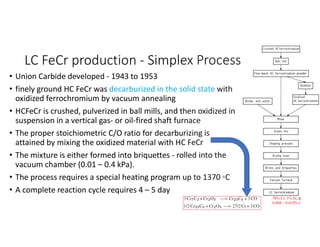 LC FeCr production - Simplex Process
• Union Carbide developed - 1943 to 1953
• finely ground HC FeCr was decarburized in the solid state with
oxidized ferrochromium by vacuum annealing
• HCFeCr is crushed, pulverized in ball mills, and then oxidized in
suspension in a vertical gas- or oil-fired shaft furnace
• The proper stoichiometric C/O ratio for decarburizing is
attained by mixing the oxidized material with HC FeCr
• The mixture is either formed into briquettes - rolled into the
vacuum chamber (0.01 – 0.4 kPa).
• The process requires a special heating program up to 1370 ◦C
• A complete reaction cycle requires 4 – 5 day
70% Cr, 1% Si, &
0.008 – 0.010% C
 