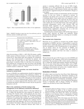 where the prevalence of IDA is 40% [50], ID remains a public
health concern in Western Europe as it affects large numbers of
women [8,13]. IDA-related signs and symptoms are nonspecific
and are often underestimated or overlooked by patients, who
therefore may not report them to their general practitioner or
gynecologist. A checklist (Table 2) in the form of an acronym has
been proposed for screening the main risk factors and deciding
whether in addition to Hb testing determining the ferritin level
would be useful to confirm the ‘‘deficit’’.
In addition to anemia correction, iron stores should be
restored to normal levels
In cases of IDA/ID, iron supplementation should be implemented
and combined with the treatment of the underlying condition. As
recommended by different guidelines [7,13,14,19,46], prescribing
oral ferrous sulfate at a dose of 60–120 mg/day for three months to
treat anemia, and for an additional three months to replenish the
iron stores, is a common approach [50]. Therefore, there is a need
to maintain the patient’s motivation for those who do not perceive
themselves to be ill.
What is the contribution of ferritin testing in the
management of iron deficiency anemia/iron deficiency?
Hb testing only detects anemia, which is a late-stage indicator of
ID. A higher Hb threshold has been proposed to optimize ID
screening [76]. Ferritin values, which represent the iron stores,
seem a better candidate for screening [77]. The British Columbia
Guidelines [19] consider that in adults, SF515 mg/L denotes ID,
at between 15 and 50 mg/L ID is probable, between 50 and 100 mg/
L ID is possible, and if SF4100 mg/L ID is unlikely. If SF is
persistently more than 1000 mg/L, the risk of iron overload should
be considered. Nevertheless, IDA may coexist with anemia due to
chronic disease, and the distinction between these forms of
anemia is sometimes difficult [16]. In case of CRP45 mg/L,
Kirschner et al. [38] recommend the assessment of Soluble
Transferrin Receptor (sTfR) instead of ferritin, and some authors
[46,78,79] have suggested raising the SF threshold to 50 mg/L or
even higher.
With the natural cessation of menstruation and the associated
decrease in iron loss, ferritin is expected to increase. At
menopause, the ferritin curve crosses the estradiol curve, which
is declining [80,81]. Some authors have even signaled a risk of
iron overload [79]. However, this represents the mean value and
does not take into account any extreme values [1]. A low ferritin
value confirms ID. An overly high ferritin value evokes either an
associated inflammatory process (with elevated CRP and
decreased TSAT suggestive of iron sequestration [62]) or
unmonitored high iron intake, such as by self-medication with
over-the-counter supplements containing iron, or a real iron
overload possibly related to genetic factors.
Considering the economic impact of ID and the large range of
ferritin values observed, all health care authorities should
recommend this additional marker as a screening test in middle-
aged women at risk of ID.
The essential role of physicians
Physicians are in a position to recognize the possible clinical
presentations of ID/IDA, and have a responsibility to search for
possible causes, explain the negative effects of excessive bleeding
and the consequences of ID. Considering that it is not realistic to
rely on dietary advice for the correction of ID/IDA, iron
supplementation represents a medical issue and should be
proposed to the patients until their iron status is restored to
normal [12].
Conclusions
Women between the ages of 40–55 years are at risk of ID/IDA and
merit attention as the symptoms of ID can be misinterpreted or
overlooked. The assessment of Hb to detect anemia, and at least
SF to confirm ID, should guide therapy initiation and follow-up.
The use of a slow release form of ferrous sulfate, such as FSPC,
with proven efficacy and tolerability, will help to ensure patient
compliance with treatment and seems to be a valuable choice to
treat ID/IDA and to restore quality of life.
Declaration of interest
All authors report receiving fees from Pierre Fabre Medicament
for preparing and presenting the information included in this
review, which they presented at the symposium entitled ‘‘Women
40–55 Years Old: Clinical Considerations and Quality of Life’’,
held at the 15th World Congress of the International Menopause
Society in September 2016 in Prague. Funding for editorial
support was provided by Pierre Fabre Medicament.
References
1. Peuranpa¨a¨ P, Helio¨vaara-Peippo S, Fraser I, et al. Effects of anemia
and iron deficiency on quality of life in women with heavy
menstrual bleeding. Acta Obstet Gynecol Scand 2014;93:654–60.
2. Patterson AJ, Brown WJ, Roberts DC. Dietary and supplement
treatment of iron deficiency results in improvements in general
health and fatigue in Australian women of childbearing age. J Am
Coll Nutr 2001;20:337–42.
3. NICE [Internet]. London: NICE; 2016 Update [cited 2017 Feb 02].
Heavy menstrual bleeding: assessment and management clinical
guideline. Available from: https://www.nice.org.uk/guidance/CG44/
chapter/Recommendations#pharmaceutical-treatments-for-hmb.
4. Nicula R, Costin N. Management of endometrial modifications in
perimenopausal women. Clujul Med 2015;88:101–10.
Figure 1. Rate of gastrointestinal adverse effects of iron supplements.
Table 2. DEFICIT checklist to detect the risk of iron deficiency and iron
deficiency anemia in middle-aged women.
Increased risk of iron deficiency
D Diet: weight loss, vegetarian or vegan diet,
low intake of Vitamin C, high intake of tea, Ca2+
E Excessive sport
F Fatigue or other symptoms of ID
I IUD or HMB
C Celiac disease
I Inflammatory conditions (IBD, obesity)
T Anticoagulants, antiplatelet agents, NSAIDs,
aspirin or excessive blood donation
DOI: 10.1080/09513590.2017.1306736 ID in women aged 40–50 5
 