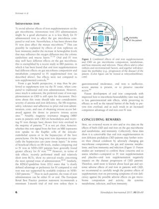 Intravenous iron
To avoid adverse effects of iron supplementation on the
gut microbiome, intravenous iron (IV) administration
might be a good alternative as it is less likely for IV
administered iron to affect the gut microbiota com-
pared to oral iron. Nevertheless, it has been shown that
IV iron does affect the mouse microbiota.74
This can
possibly be explained by effects of iron repletion on
host immunity and/or the increase in hemoglobin levels
that may inﬂuence the oxygen diffusion into the colonic
epithelium and mucus layers.75,76
Oral and IV iron
may well have different effects on the gut microbiota,
this is exempliﬁed by a recent study in IBD patients, in
which it has been found that oral iron supplementation
had different effects on gut microbiota composition and
metabolism compared to IV supplemented iron (as
described above), but effects were not compared to
non-supplemented controls.59
From a gut health perspective, it may thus be pre-
ferred to supplement iron via the IV route, when com-
pared to traditional oral iron administration. However,
since much is unknown, the preferred route of iron sup-
plementation in CKD is still open for discussion. Deci-
sions about this route should take into consideration:
severity of anemia and iron deﬁciency, the Hb response,
safety, tolerance and adherence to prior oral iron admin-
istration, costs, and ease of obtaining venous access bal-
anced against the desire to preserve venous access
sites.77
Notably, magnetic resonance imaging (MRI)
scans in patients with CKD on hemodialysis and receiv-
ing IV iron therapy have shown liver iron overload in
the majority of patients.78
It is not yet clear, however,
whether this iron signal from the liver on MRI represents
iron uptake in the Kupffer cells of the reticulo-
endothelial system or in the hepatocytes of the liver
parenchyma. On the long term iron deposition in espe-
cially the hepatocytes can cause tissue injury.1
In terms
of beneﬁcial effects on Hb levels, studies comparing oral
to IV iron in NDD-CKD patients have generally found
greater efﬁcacy for IV iron.79,80
However, in terms of
side effects, recently performed small and relatively
short term RCTs, show no univocal results concerning
the most optimal route of administration.80,81
Similarly,
the KDIGO-guideline from 2012 states that “a clearly
deﬁned advantage or preference for IV compared to oral
iron was not supported by available evidence in NDD-
CKD patients.”77
Thus in such patients, the route of iron
administration can be either IV or oral. The European
Renal Best Practice position statement recommends a
minimum 3-month trial of oral iron unless there is
gastrointestinal intolerance, oral iron is ineffective,
severe anemia is present, or to preserve vascular
access.82
Future development of oral iron compounds with
improved host to microbiota bioavailability ratio may lead
to less gastrointestinal side effects, while preserving its
efﬁcacy as well as the natural barrier of the body to pre-
vent iron overload, and as such result in an increased
competitive advantage of oral iron over IV iron.
CONCLUDING REMARKS
Here, we reviewed recent in vitro and in vivo data on the
effects of both CKD and oral iron on the gut microbiome
and metabolome, and immunity. Collectively, these data
show it is conceivable that oral iron supplementation in
iron deﬁcient predialysis CKD patients may further wors-
en their clinical condition by adversely changing gut
microbiome composition, the gut and systemic metabo-
lome, and host immunity and infection (Figure 1). Future
studies are warranted to conﬁrm these concerns and to
assess whether—compared to IV iron supplementation
and placebo—oral iron supplementation negatively
impacts on the disease progression of CKD patients.
Therefore, until more is known about local gut and sys-
temic adverse effects of oral iron in patients with CKD,
we recommend to carefully weigh the positive effects of
supplementary iron on preventing symptoms of iron deﬁ-
ciency against the possible adverse effects on gut micro-
biome composition and activity, the systemic
metabolome, infection, and host immunity.
Figure 1 Combined effects of oral iron supplementation
and CKD on gut microbiome composition, metabolome,
and host immunity and infection. These effects add to other
(inborn and environmental) factors, and together will deter-
mine the morbidity (e.g., progression of the disease) of the
patient. [Color ﬁgure can be viewed at wileyonlinelibrary.
com]
Kortman et al.
6 Hemodialysis International 2017; 00:00–00
 