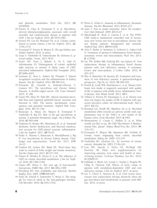 and phenolic metabolites. PLoS One. 2015; 10:
e0140820.
29 Poesen R, Claes K, Evenepoel P, et al. Microbiota-
derived phenylacetylglutamine associates with overall
mortality and cardiovascular disease in patients with
CKD. J Am Soc Nephrol. 2016; 27:3479–3487.
30 Aronov PA, Luo FJ, Plummer NS, et al. Colonic contri-
bution to uremic solutes. J Am Soc Nephrol. 2011; 22:
1769–1776.
31 Evenepoel P, Poesen R, Meijers B. The gut-kidney axis.
Pediatr Nephrol. 2016, in press.
32 Gryp T, Vanholder R, Vaneechoutte M, Glorieux G. p-
Cresyl sulfate. Toxins. 2017; 9:52.
33 Vaziri ND, Yuan J, Rahimi A, Ni Z, Said H,
Subramanian VS. Disintegration of colonic epithelial
tight junction in uremia: A likely cause of CKD-
associated inﬂammation. Nephrol Dial Transplant. 2012;
27:2686–2693.
34 Leemans JC, Kors L, Anders HJ, Florquin S. Pattern
recognition receptors and the inﬂammasome in kidney
disease. Nat Rev Nephrol. 2014; 10:398–414.
35 Felizardo RJ, Castoldi A, Andrade-Oliveira V,
Camara NO. The microbiota and chronic kidney
diseases: A double-edged sword. Clin Trans Immunol.
2016; 5: e86.
36 Vaziri ND, Zhao YY, Pahl MV. Altered intestinal micro-
bial ﬂora and impaired epithelial barrier structure and
function in CKD: The nature, mechanisms, conse-
quences and potential treatment. Nephrol Dial Trans-
plant. 2016; 31:737–746.
37 Ramezani A, Massy ZA, Meijers B, Evenepoel P,
Vanholder R, Raj DS. Role of the gut microbiome in
uremia: A potential therapeutic target. Am J Kidney Dis.
2016; 67:483–498.
38 Andersen K, Kesper MS, Marschner JA, et al. Intestinal
dysbiosis, barrier dysfunction, and bacterial transloca-
tion account for CKD-related systemic inﬂammation.
J Am Soc Nephrol. 2017; 28:76–83.
39 Nallu A, Sharma S, Ramezani A, Muralidharan J, Raj
D. Gut microbiome in chronic kidney disease: Chal-
lenges and opportunities. Transl Res. 2017; 179:
24–37.
40 Canfora EE, Jocken JW, Blaak EE. Short-chain fatty
acids in control of body weight and insulin sensitivity.
Nat Rev Endocrinol. 2015; 11:577–591.
41 Poesen R, Windey K, Neven E, et al. The inﬂuence of
CKD on colonic microbial metabolism. J Am Soc Neph-
rol. 2016; 27:1389–1399.
42 Soares MP, Weiss G. The iron age of host-microbe
interactions. EMBO Rep. 2015; 16:1482–1500.
43 Weinberg ED. Iron availability and infection. Biochim
Biophys Acta. 2009; 1790:600–605.
44 Nairz M, Schroll A, Sonnweber T, Weiss G. The strug-
gle for iron—A metal at the host-pathogen interface.
Cell Microbiol. 2010; 12:1691–1702.
45 Weiss G, Schett G. Anaemia in inﬂammatory rheumatic
diseases. Nat Rev Rheumatol. 2013; 9:205–215.
46 Ganz T. Iron in innate immunity: Starve the invaders.
Curr Opin Immunol. 2009; 21:63–67.
47 Macdougall IC, Bock A, Carrera F, et al. The FIND-
CKD study–a randomized controlled trial of intrave-
nous iron versus oral iron in non-dialysis chronic kid-
ney disease patients: Background and rationale.
Nephrol Dial. 2014; 29:843–850.
48 Avni T, Bieber A, Steinmetz T, Leibovici L, Gafter-Gvili
A. Treatment of anemia in inﬂammatory bowel disease-
systematic review and meta-analysis. PLoS One. 2013;
8: e75540.
49 Lee TW, Kolber MR, Fedorak RN, van Zanten SV. Iron
replacement therapy in inﬂammatory bowel disease
patients with iron deﬁciency anemia: A systematic
review and meta-analysis. J Crohns Colitis. 2012; 6:
267–275.
50 Zhu A, Kaneshiro M, Kaunitz JD. Evaluation and treat-
ment of iron deﬁciency anemia: A gastroenterological
perspective. Dig Dis Sci. 2010; 55:548–559.
51 Powell JJ, Cook WB, Hutchinson C, et al. Dietary forti-
ﬁcant iron intake is negatively associated with quality
of life in patients with mildly active inﬂammatory bow-
el disease. Nutr Metab (Lond). 2013; 10:9.
52 Tolkien Z, Pereira DI, Prassmayer L, et al. Dietary iron
does not impact the quality of life of patients with qui-
escent ulcerative colitis: An observational study. Nutr J.
2013; 12:152.
53 Kortman GA, Dutilh BE, Maathuis AJ, et al. Microbial
metabolism shifts towards an adverse proﬁle with sup-
plementary iron in the TIM-2 in vitro model of the
human colon. Front Microbiol. 2015; 6:1481.
54 Montemurno E, Cosola C, Dalﬁno G, et al. What
would you like to eat, Mr CKD Microbiota? A Mediter-
ranean Diet, please!. Kidney Blood Press Res. 2014; 39:
114–123.
55 Evenepoel P, Meijers BK, Bammens BR, Verbeke K.
Uremic toxins originating from colonic microbial
metabolism. Kidney Int. 2009; S12–S19.
56 Vanholder RC, Glorieux GL. An overview of uremic
toxicity. Hemodial Int. 2003; 7:156–161.
57 Low MS, Speedy J, Styles CE, De-Regil LM,
Pasricha SR. Daily iron supplementation for
improving anaemia, iron status and health in men-
struating women. Cochrane Database Syst Rev. 2016;
4:CD009747.
58 Fishbane S, Block GA, Loram L, Neylan J, Pergola PE,
Uhlig K, Chertow GM. Effects of ferric citrate in
patients with nondialysis-dependent CKD and iron
deﬁciency anemia. J Am Soc Nephrol. 2017, in press.
59 Lee T, Clavel T, Smirnov K, et al. Oral versus intra-
venous iron replacement therapy distinctly alters the
gut microbiota and metabolome in patients with IBD.
Gut. 2016, in press.
Kortman et al.
8 Hemodialysis International 2017; 00:00–00
 