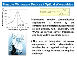 Tunable Microwave Devices / Optical Waveguides
                                                                                                             
Dielectric constant 33/0




                                                                                         tunability   
                             2500

                             2000
                                                                                                           E  0
                             1500
                                    
                             1000
                                                                                 Innovative mobile communication
                              500
                                                                                  applications is driven by the
                                0
                                                           (E=0)                 combination of different functionalities
                                -100 -75   -50   -25   0    25   50   75   100

                                    Electric Field, E3 [kV/cm]                    as cell phones, GPS, Bluetooth, and
                                                                                  WLAN at varying carrier frequencies
                                                                                  and band widths in a single device.

                                                                                 The use of integrated microwave
                                                                                  components       with   characteristics
                                                                                  tunable by an applied voltage is a
                                                                                  suitable strategy to meet the required
                                                                                  challenges.
 