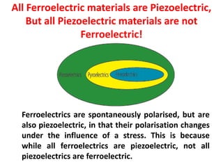 All Ferroelectric materials are Piezoelectric,
    But all Piezoelectric materials are not
                 Ferroelectric!




  Ferroelectrics are spontaneously polarised, but are
  also piezoelectric, in that their polarisation changes
  under the influence of a stress. This is because
  while all ferroelectrics are piezoelectric, not all
  piezoelectrics are ferroelectric.
 