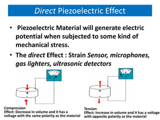 Direct Piezoelectric Effect
   • Piezoelectric Material will generate electric
     potential when subjected to some kind of
     mechanical stress.
   • The direct Effect : Strain Sensor, microphones,
     gas lighters, ultrasonic detectors




Compression                                    Tension
Effect: Decrease in volume and it has a        Effect: Increase in volume and it has a voltage
voltage with the same polarity as the material with opposite polarity as the material
 