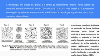 A morfologia em placas da grafita é a forma de crescimento “natural” nesta classe de
materiais. Normas como DIN EN ISO 945 ou a ASTM A 247 (vide tabela 2-16 apresentam
abordagem semelhante a este assunto, subdividindo a morfologia a grafita em cinco tipos,
conforme tabela abaixo:
A técnica de inoculação é utilizada
na produção de ferros fundidos
cinzentos como forma de
controlar o super-resfriamento do
eutético, e, portanto o tipo de
grafita formada, potencializando a
nucleação da grafita evitando o
super- resfriamento excessivo,
limitando o grau de ramificação da
grafita facilitando a formação de
grafita tipo A, Walton (1981).
 