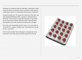 37
transporte no ambiente ácido do estômago. A absorção é baixa
e isso vai deixar íons de ferro livres no intestino. Estes são em
si altamente reativos e considerados tóxicos para o organismo.
A suplementação com 18 mg de ferro heme por trinta dias, com
uma biodisponibilidade de 20%, resulta em 108 mg de ferro
absorvido. O ferro heme é muito bem tolerado e é conhecido
por ter uma taxa de efeitos colaterais assim como placebos.
Isso signiﬁca uma maior chance de sucesso para a terapia.
É por isso que comprimidos de ferro heme, com uma dose de
18 mg de Fe++, podem competir com comprimidos de 100 mg
de Fe++ não-heme.
O ferro heme também não irá bloquear a absorção de zinco,
como fará o ferro não-heme em doses superiores a 60 mg.
 