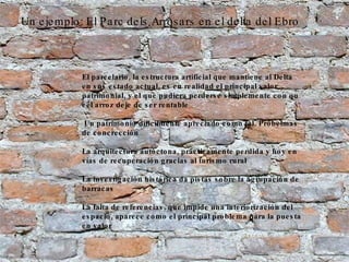 Un ejemplo: El Parc dels Arrosars en el delta del Ebro El parcelario, la estructura artificial que mantiene al Delta en sus estado actual, es en realidad el principal valor patrimonial, y el que pudiera perderse simplemente con qu eel arroz deje de ser rentable Un patrimonio dificilmente apreciado como tal. Probelmas de concrección La arquitectura autóctona, prácticamente perdida y hoy en vías de recuperación gracias al turismo rural La investigación histórica da pistas sobre la agrupación de barracas La falta de referencias, que impide una interiorización del espacio, aparece como el principal problema para la puesta en valor 