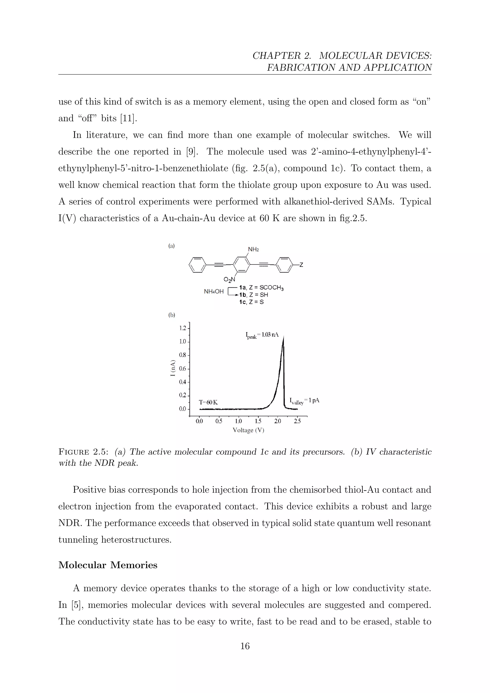 CHAPTER 2. MOLECULAR DEVICES:
FABRICATION AND APPLICATION
use of this kind of switch is as a memory element, using the open and closed form as “on”
and “oﬀ” bits [11].
In literature, we can ﬁnd more than one example of molecular switches. We will
describe the one reported in [9]. The molecule used was 2’-amino-4-ethynylphenyl-4’-
ethynylphenyl-5’-nitro-1-benzenethiolate (ﬁg. 2.5(a), compound 1c). To contact them, a
well know chemical reaction that form the thiolate group upon exposure to Au was used.
A series of control experiments were performed with alkanethiol-derived SAMs. Typical
I(V) characteristics of a Au-chain-Au device at 60 K are shown in ﬁg.2.5.
Figure 2.5: (a) The active molecular compound 1c and its precursors. (b) IV characteristic
with the NDR peak.
Positive bias corresponds to hole injection from the chemisorbed thiol-Au contact and
electron injection from the evaporated contact. This device exhibits a robust and large
NDR. The performance exceeds that observed in typical solid state quantum well resonant
tunneling heterostructures.
Molecular Memories
A memory device operates thanks to the storage of a high or low conductivity state.
In [5], memories molecular devices with several molecules are suggested and compered.
The conductivity state has to be easy to write, fast to be read and to be erased, stable to
16
 