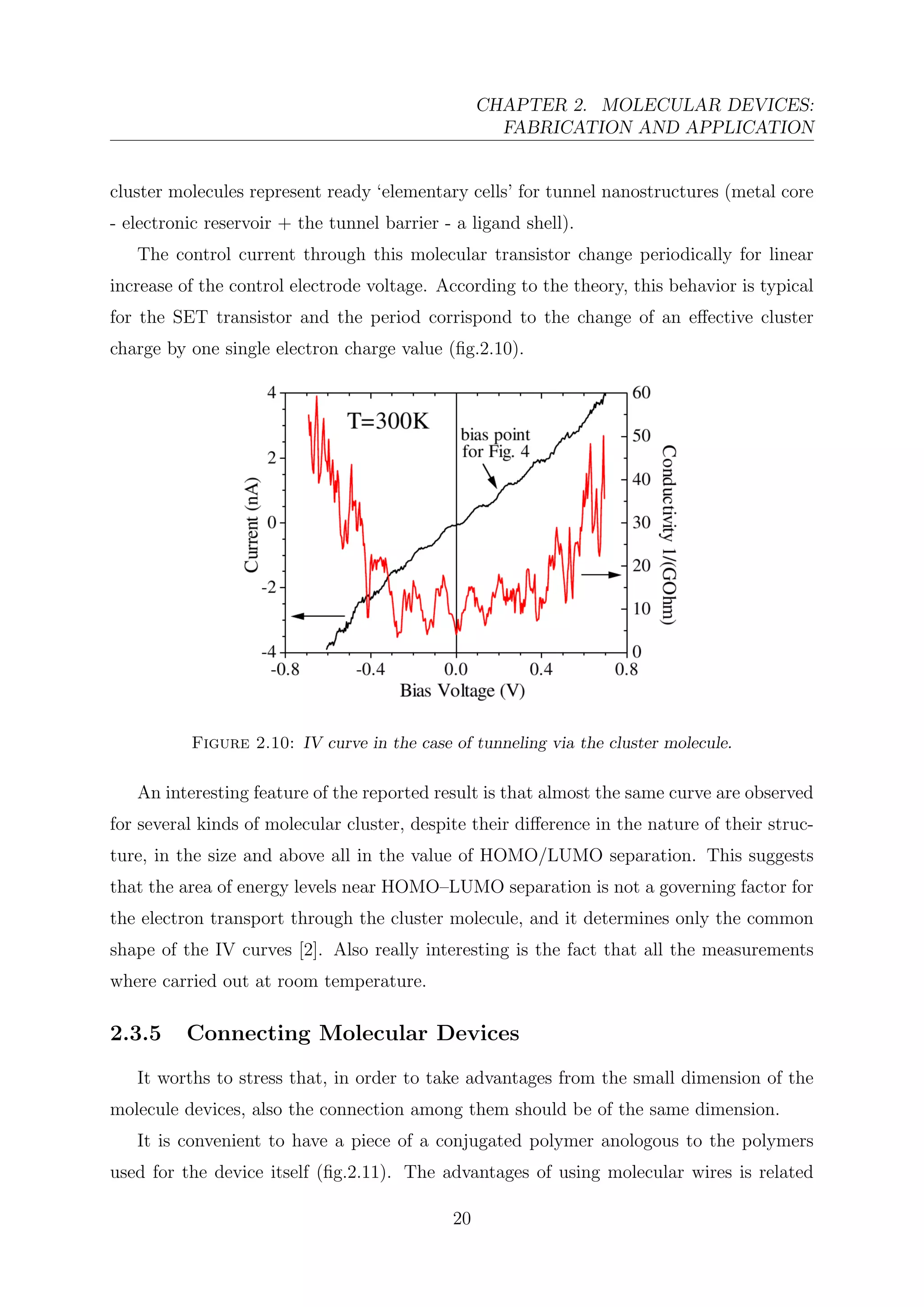 CHAPTER 2. MOLECULAR DEVICES:
FABRICATION AND APPLICATION
cluster molecules represent ready ‘elementary cells’ for tunnel nanostructures (metal core
- electronic reservoir + the tunnel barrier - a ligand shell).
The control current through this molecular transistor change periodically for linear
increase of the control electrode voltage. According to the theory, this behavior is typical
for the SET transistor and the period corrispond to the change of an eﬀective cluster
charge by one single electron charge value (ﬁg.2.10).
Figure 2.10: IV curve in the case of tunneling via the cluster molecule.
An interesting feature of the reported result is that almost the same curve are observed
for several kinds of molecular cluster, despite their diﬀerence in the nature of their struc-
ture, in the size and above all in the value of HOMO/LUMO separation. This suggests
that the area of energy levels near HOMO–LUMO separation is not a governing factor for
the electron transport through the cluster molecule, and it determines only the common
shape of the IV curves [2]. Also really interesting is the fact that all the measurements
where carried out at room temperature.
2.3.5 Connecting Molecular Devices
It worths to stress that, in order to take advantages from the small dimension of the
molecule devices, also the connection among them should be of the same dimension.
It is convenient to have a piece of a conjugated polymer anologous to the polymers
used for the device itself (ﬁg.2.11). The advantages of using molecular wires is related
20
 