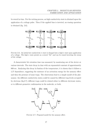 CHAPTER 2. MOLECULAR DEVICES:
FABRICATION AND APPLICATION
be stored in time. For the writing process, an high conductivity state is obtained upon the
application of a voltage pulse. Then if the applied bias is inverted, an erasing operation
is obtained (ﬁg. 2.6).
Figure 2.6: An initial low conductivity σ state is changed into a high σ state upon application
of a voltage. The high σ state persist as a stored “bit” and can be erased inverting the sweep
of the voltage.
A characteristic bit retention time was measured, by monitoring one of the device at
various intervals. The state decay in time with an exponential constant of approximately
800 sec. Analyzing this decay in funtion of the temperature, it is shown that it follows a
1/T dependence, suggesting the existence of an activation energy for the memory eﬀect
and then the presence of some traps. The observation lead to a simple model of the phe-
nomen: the diﬀerent conductivity states could be caused by diﬀerent trap levels occupied
by electrons (ﬁg.2.7); diﬀerent traps could be related either to diﬀerent electronic states,
or to diﬀerent geometric conformation in the molecule, or both.
Figure 2.7: Proposed model for the memory eﬀect.
17
 