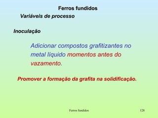 Ferros fundidos Ferros fundidos Variáveis de processo Inoculação Adicionar compostos grafitizantes no metal líquido  momentos antes do vazamento . Promover a formação da grafita na solidificação. 