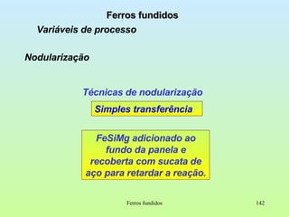 Ferros fundidos Ferros fundidos Variáveis de processo Nodularização Técnicas de nodularização Simples transferência FeSiMg adicionado ao fundo da panela e recoberta com sucata de aço para retardar a reação. 