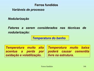 Ferros fundidos Ferros fundidos Variáveis de processo Nodularização Fatores a serem considerados nas técnicas de nodularização: Temperatura do banho Temperatura muito alta acentua a perda por oxidação e volatilização. Temperatura muito baixa poderá causar cementita livre na estrutura.  