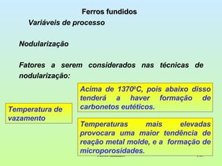 Ferros fundidos Ferros fundidos Variáveis de processo Nodularização Fatores a serem considerados nas técnicas de nodularização: Temperatura de vazamento Acima de 1370 0 C, pois abaixo disso tenderá a haver formação de carbonetos eutéticos.  Temperaturas mais elevadas provocara uma maior tendência de reação metal molde, e a  formação de microporosidades. 