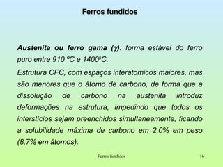 Ferros fundidos Austenita ou ferro gama (  ) : forma estável do ferro puro entre 910 ºC e 1400 0 C.  Estrutura CFC, com espaços interatomicos maiores, mas são menores que o átomo de carbono, de forma que a dissolução de carbono na austenita introduz deformações na estrutura, impedindo que todos os interstícios sejam preenchidos simultaneamente, ficando a solubilidade máxima de carbono em 2,0% em peso (8,7% em átomos). Ferros fundidos 