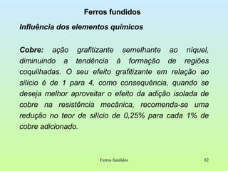 Ferros fundidos Influência dos elementos químicos Cobre:  ação grafitizante semelhante ao níquel, diminuindo a tendência à formação de regiões coquilhadas. O seu efeito grafitizante em relação ao silício é de 1 para 4, como consequência, quando se deseja melhor aproveitar o efeito da adição isolada de cobre na resistência mecânica, recomenda-se uma redução no teor de silício de 0,25% para cada 1% de cobre adicionado. Ferros fundidos 