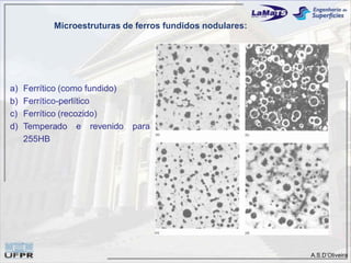 A.S.D’Oliveira
Microestruturas de ferros fundidos nodulares:
a) Ferrítico (como fundido)
b) Ferrítico-perlítico
c) Ferrítico (recozido)
d) Temperado e revenido para
255HB
 