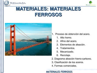 MATERIALES FERROSOSMATERIALES FERROSOS
1. Proceso de obtención del acero.
1. Alto horno.
2. Afino del acero.
3. Elementos de aleación.
4. Tratamientos.
5. Mecanizado.
6. Reciclaje.
2. Diagrama aleación hierro-carbono.
3. Clasificación de los aceros.
4. Formas comerciales.
MATERIALES: MATERIALESMATERIALES: MATERIALES
FERROSOSFERROSOS
 