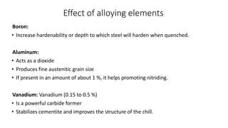 Effect of alloying elements
Boron:
• Increase hardenability or depth to which steel will harden when quenched.
Aluminum:
• Acts as a dioxide
• Produces fine austenitic grain size
• If present in an amount of about 1 %, it helps promoting nitriding.
Vanadium: Vanadium (0.15 to 0.5 %)
• Is a powerful carbide former
• Stabilizes cementite and improves the structure of the chill.
 