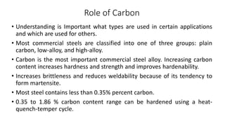Role of Carbon
• Understanding is Important what types are used in certain applications
and which are used for others.
• Most commercial steels are classified into one of three groups: plain
carbon, low-alloy, and high-alloy.
• Carbon is the most important commercial steel alloy. Increasing carbon
content increases hardness and strength and improves hardenability.
• Increases brittleness and reduces weldability because of its tendency to
form martensite.
• Most steel contains less than 0.35% percent carbon.
• 0.35 to 1.86 % carbon content range can be hardened using a heat-
quench-temper cycle.
 