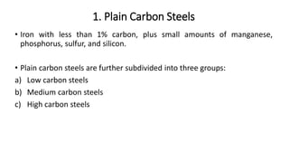 1. Plain Carbon Steels
• Iron with less than 1% carbon, plus small amounts of manganese,
phosphorus, sulfur, and silicon.
• Plain carbon steels are further subdivided into three groups:
a) Low carbon steels
b) Medium carbon steels
c) High carbon steels
 