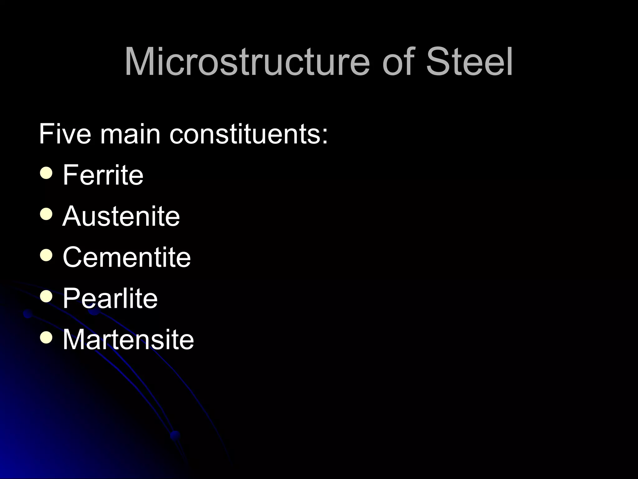 Microstructure of Steel Five main constituents: Ferrite Austenite Cementite Pearlite Martensite 