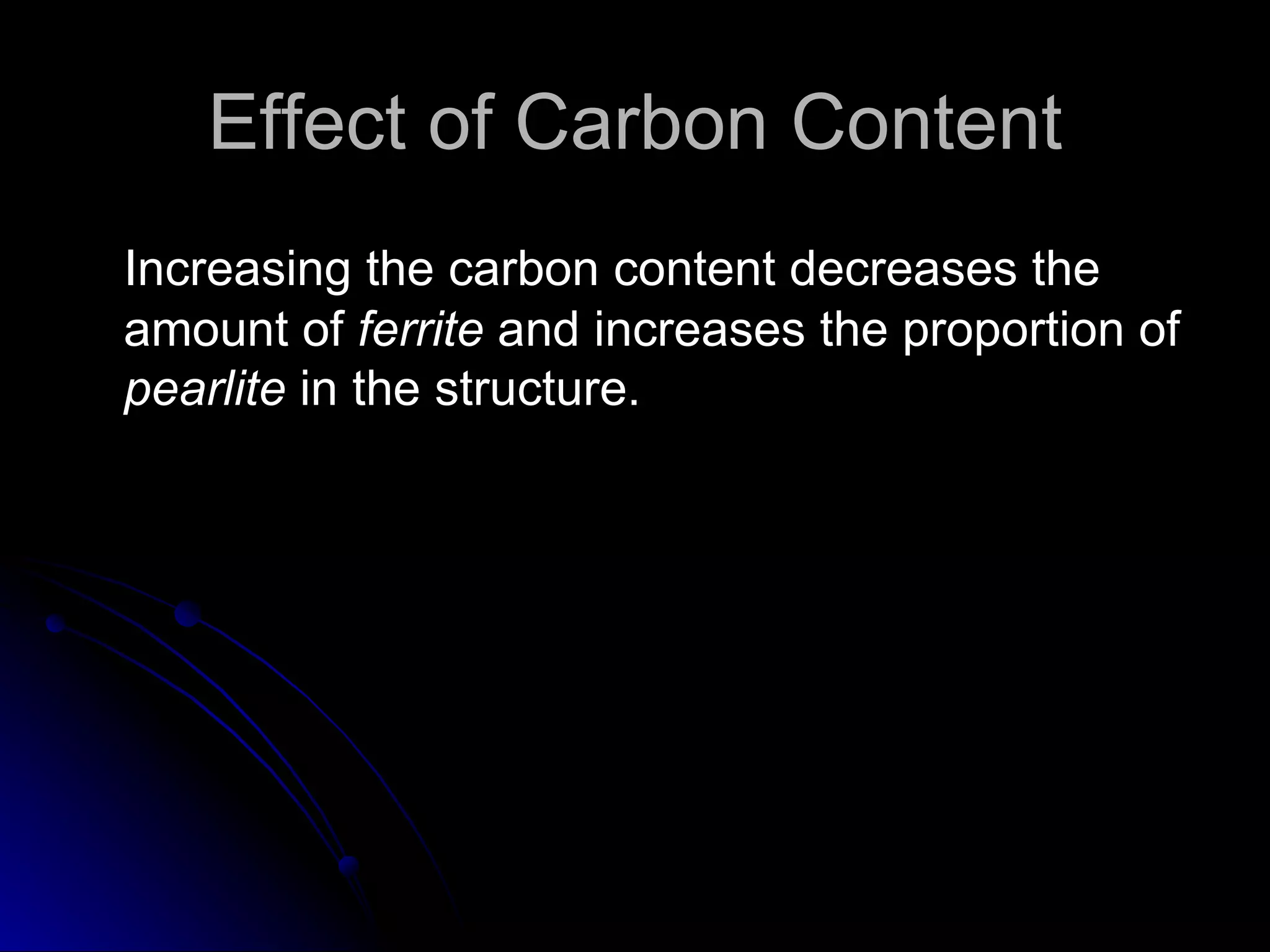 Effect of Carbon Content Increasing the carbon content decreases the amount of  ferrite  and increases the proportion of  pearlite  in the structure. 