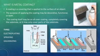WHAT IS METAL COATING?
• A coating is a covering that is applied to the surface of an object.
• The purpose of applying the coating may be decorative, functional,
or both.
• The coating itself may be an all-over coating, completely covering
the substrate, or it may only cover parts of the substrate.
TYPES
ELECTROPLATING
SPRAYING
GALVANIZING
 