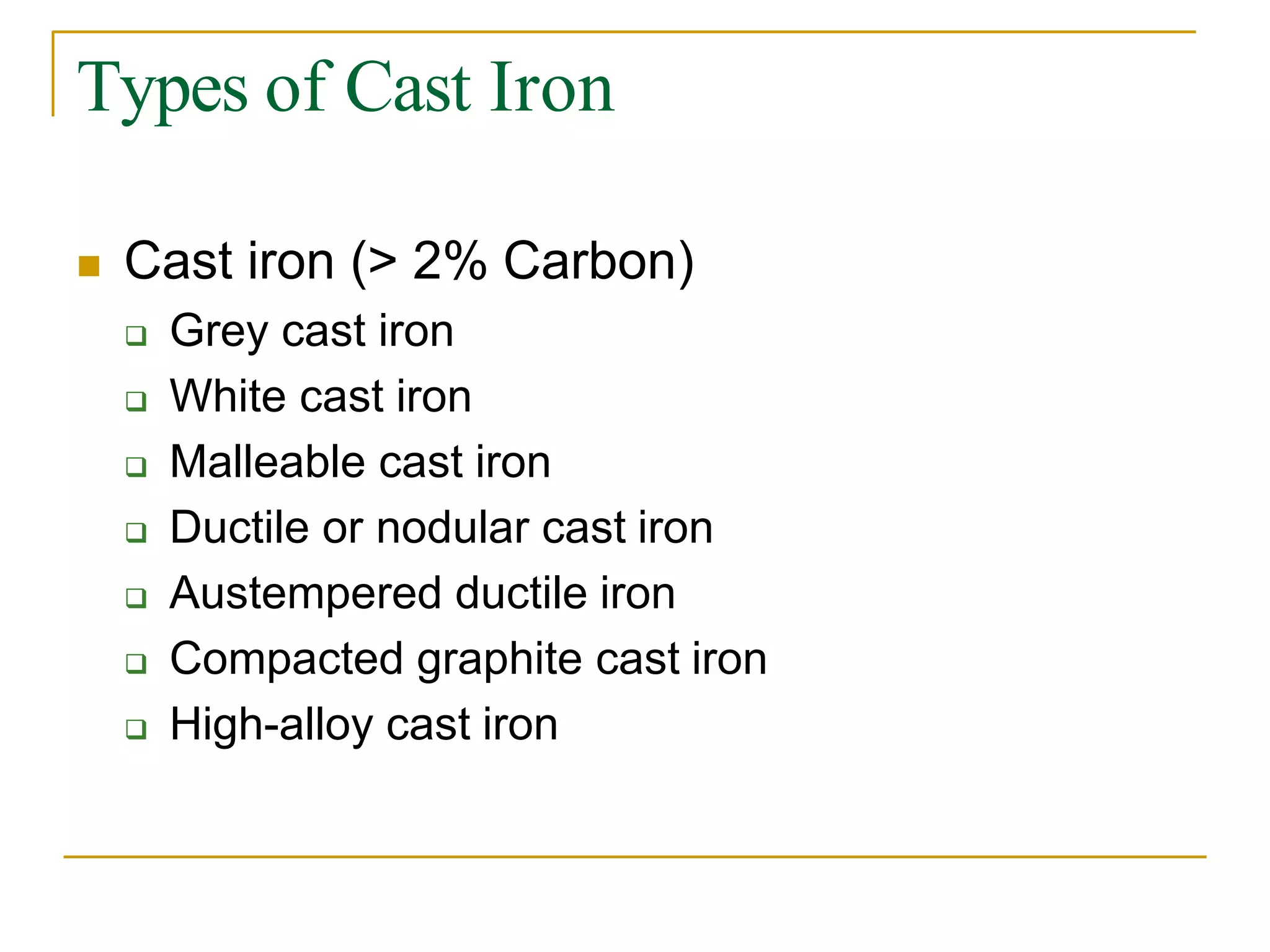 Types of Cast Iron
 Cast iron (> 2% Carbon)
 Grey cast iron
 White cast iron
 Malleable cast iron
 Ductile or nodular cast iron
 Austempered ductile iron
 Compacted graphite cast iron
 High-alloy cast iron
 