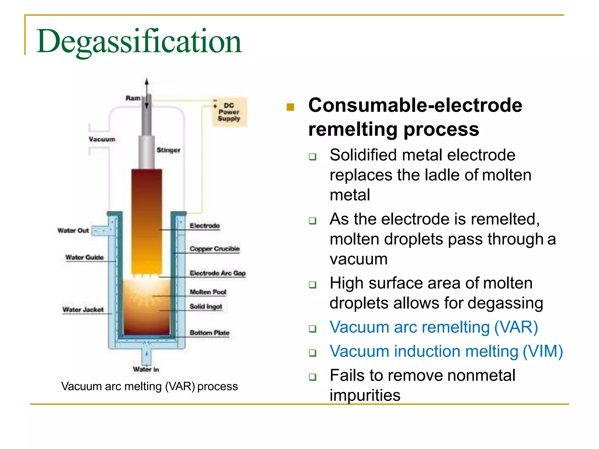 Degassification
 Consumable-electrode
remelting process
 Solidified metal electrode
replaces the ladle of molten
metal
 As the electrode is remelted,
molten droplets pass through a
vacuum
 High surface area of molten
droplets allows for degassing
 Vacuum arc remelting (VAR)
 Vacuum induction melting (VIM)
 Fails to remove nonmetal
impurities
Vacuum arc melting (VAR) process
 