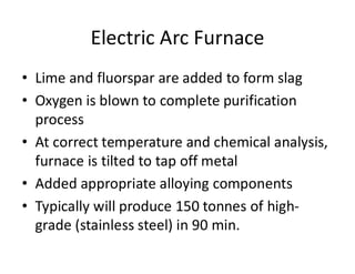 Electric Arc Furnace
• Lime and fluorspar are added to form slag
• Oxygen is blown to complete purification
process
• At correct temperature and chemical analysis,
furnace is tilted to tap off metal
• Added appropriate alloying components
• Typically will produce 150 tonnes of high-
grade (stainless steel) in 90 min.
 
