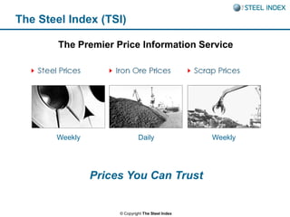The Steel Index (TSI)

        The Premier Price Information Service




       Weekly                 Daily                Weekly




                Prices You Can Trust


                     © Copyright The Steel Index
 