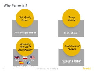 Agenda 
Group overview 
Looking Ahead 
Appendix 
2014 – First Half results 
Introduction to 407ETR Toll road 
Managed Lanes Toll roads 
2013 – Full year results 
14 E-mail: ir@ferrovial.es – Tel: +34 91 586 27 30 
 