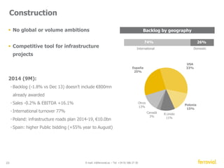Heathrow - Best ever passenger satisfaction 
63% 
81% 
2007 1H 2014 
23 E-mail: ir@ferrovial.es – Tel: +34 91 586 27 30 
40 
19 
2007 1H 2014 
48% 
79% 
2007 1H 2014 
Over 79% of passengers surveyed rated their experience as 
Excellent or very good 
Missed bags 
per 1,000 passengers 
% passengers rating 
Heathrow “Excellent” or 
“Very good” 
Departures 
punctuality 
 