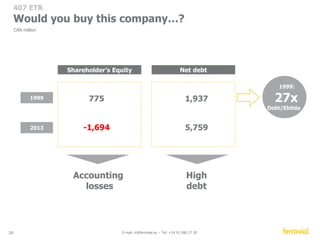 407 
High density population area 
Ring road of Toronto 
108 km 
407 ETR 
Location 
407 
28 E-mail: ir@ferrovial.es – Tel: +34 91 586 27 30 
East extension 
Area of expansion 
 