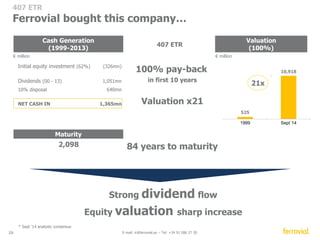 407 ETR 
All Electronic Roadside Tolling System 
Sophisticated electronic toll highway 
 NO toll-booths, “closed ticket” tolling scheme (on/off ramps) 
 NO stopping or slow-downs to pay 
 ALL vehicles able to use highway 
 Transponder not required. If valid transponder is not 
detected, digital images are taken at entry and exit and 
invoices posted to registered car owner 
 Tolls billed monthly 
29 E-mail: ir@ferrovial.es – Tel: +34 91 586 27 30 
 
