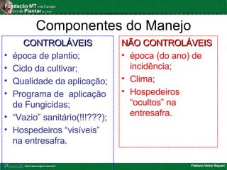 Fabiano Victor Siqueri
Componentes do Manejo
CONTROLÁVEISCONTROLÁVEIS
• época de plantio;
• Ciclo da cultivar;
• Qualidade da aplicação;
• Programa de aplicação
de Fungicidas;
• “Vazio” sanitário(!!!???);
• Hospedeiros “visíveis”
na entresafra.
NÃO CONTROLÁVEISNÃO CONTROLÁVEIS
• época (do ano) de
incidência;
• Clima;
• Hospedeiros
“ocultos” na
entresafra.
 