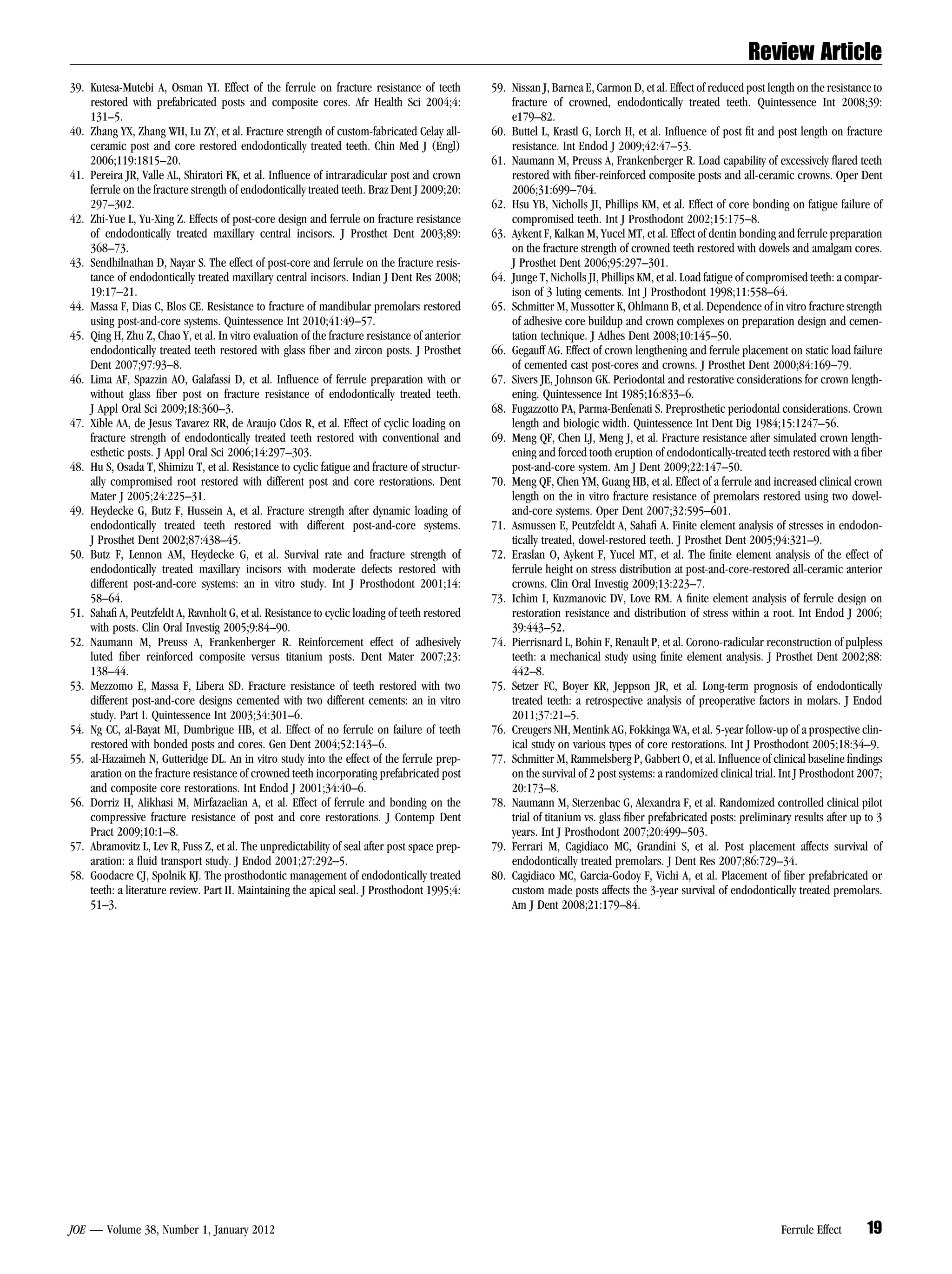 Review Article
39. Kutesa-Mutebi A, Osman YI. Effect of the ferrule on fracture resistance of teeth           59. Nissan J, Barnea E, Carmon D, et al. Effect of reduced post length on the resistance to
    restored with prefabricated posts and composite cores. Afr Health Sci 2004;4:                  fracture of crowned, endodontically treated teeth. Quintessence Int 2008;39:
    131–5.                                                                                         e179–82.
40. Zhang YX, Zhang WH, Lu ZY, et al. Fracture strength of custom-fabricated Celay all-        60. Buttel L, Krastl G, Lorch H, et al. Inﬂuence of post ﬁt and post length on fracture
    ceramic post and core restored endodontically treated teeth. Chin Med J (Engl)                 resistance. Int Endod J 2009;42:47–53.
    2006;119:1815–20.                                                                          61. Naumann M, Preuss A, Frankenberger R. Load capability of excessively ﬂared teeth
41. Pereira JR, Valle AL, Shiratori FK, et al. Inﬂuence of intraradicular post and crown           restored with ﬁber-reinforced composite posts and all-ceramic crowns. Oper Dent
    ferrule on the fracture strength of endodontically treated teeth. Braz Dent J 2009;20:         2006;31:699–704.
    297–302.                                                                                   62. Hsu YB, Nicholls JI, Phillips KM, et al. Effect of core bonding on fatigue failure of
42. Zhi-Yue L, Yu-Xing Z. Effects of post-core design and ferrule on fracture resistance           compromised teeth. Int J Prosthodont 2002;15:175–8.
    of endodontically treated maxillary central incisors. J Prosthet Dent 2003;89:             63. Aykent F, Kalkan M, Yucel MT, et al. Effect of dentin bonding and ferrule preparation
    368–73.                                                                                        on the fracture strength of crowned teeth restored with dowels and amalgam cores.
43. Sendhilnathan D, Nayar S. The effect of post-core and ferrule on the fracture resis-           J Prosthet Dent 2006;95:297–301.
    tance of endodontically treated maxillary central incisors. Indian J Dent Res 2008;        64. Junge T, Nicholls JI, Phillips KM, et al. Load fatigue of compromised teeth: a compar-
    19:17–21.                                                                                      ison of 3 luting cements. Int J Prosthodont 1998;11:558–64.
44. Massa F, Dias C, Blos CE. Resistance to fracture of mandibular premolars restored          65. Schmitter M, Mussotter K, Ohlmann B, et al. Dependence of in vitro fracture strength
    using post-and-core systems. Quintessence Int 2010;41:49–57.                                   of adhesive core buildup and crown complexes on preparation design and cemen-
45. Qing H, Zhu Z, Chao Y, et al. In vitro evaluation of the fracture resistance of anterior       tation technique. J Adhes Dent 2008;10:145–50.
    endodontically treated teeth restored with glass ﬁber and zircon posts. J Prosthet         66. Gegauff AG. Effect of crown lengthening and ferrule placement on static load failure
    Dent 2007;97:93–8.                                                                             of cemented cast post-cores and crowns. J Prosthet Dent 2000;84:169–79.
46. Lima AF, Spazzin AO, Galafassi D, et al. Inﬂuence of ferrule preparation with or           67. Sivers JE, Johnson GK. Periodontal and restorative considerations for crown length-
    without glass ﬁber post on fracture resistance of endodontically treated teeth.                ening. Quintessence Int 1985;16:833–6.
    J Appl Oral Sci 2009;18:360–3.                                                             68. Fugazzotto PA, Parma-Benfenati S. Preprosthetic periodontal considerations. Crown
47. Xible AA, de Jesus Tavarez RR, de Araujo Cdos R, et al. Effect of cyclic loading on            length and biologic width. Quintessence Int Dent Dig 1984;15:1247–56.
    fracture strength of endodontically treated teeth restored with conventional and           69. Meng QF, Chen LJ, Meng J, et al. Fracture resistance after simulated crown length-
    esthetic posts. J Appl Oral Sci 2006;14:297–303.                                               ening and forced tooth eruption of endodontically-treated teeth restored with a ﬁber
48. Hu S, Osada T, Shimizu T, et al. Resistance to cyclic fatigue and fracture of structur-        post-and-core system. Am J Dent 2009;22:147–50.
    ally compromised root restored with different post and core restorations. Dent             70. Meng QF, Chen YM, Guang HB, et al. Effect of a ferrule and increased clinical crown
    Mater J 2005;24:225–31.                                                                        length on the in vitro fracture resistance of premolars restored using two dowel-
49. Heydecke G, Butz F, Hussein A, et al. Fracture strength after dynamic loading of               and-core systems. Oper Dent 2007;32:595–601.
    endodontically treated teeth restored with different post-and-core systems.                71. Asmussen E, Peutzfeldt A, Sahaﬁ A. Finite element analysis of stresses in endodon-
    J Prosthet Dent 2002;87:438–45.                                                                tically treated, dowel-restored teeth. J Prosthet Dent 2005;94:321–9.
50. Butz F, Lennon AM, Heydecke G, et al. Survival rate and fracture strength of               72. Eraslan O, Aykent F, Yucel MT, et al. The ﬁnite element analysis of the effect of
    endodontically treated maxillary incisors with moderate defects restored with                  ferrule height on stress distribution at post-and-core-restored all-ceramic anterior
    different post-and-core systems: an in vitro study. Int J Prosthodont 2001;14:                 crowns. Clin Oral Investig 2009;13:223–7.
    58–64.                                                                                     73. Ichim I, Kuzmanovic DV, Love RM. A ﬁnite element analysis of ferrule design on
51. Sahaﬁ A, Peutzfeldt A, Ravnholt G, et al. Resistance to cyclic loading of teeth restored       restoration resistance and distribution of stress within a root. Int Endod J 2006;
    with posts. Clin Oral Investig 2005;9:84–90.                                                   39:443–52.
52. Naumann M, Preuss A, Frankenberger R. Reinforcement effect of adhesively                   74. Pierrisnard L, Bohin F, Renault P, et al. Corono-radicular reconstruction of pulpless
    luted ﬁber reinforced composite versus titanium posts. Dent Mater 2007;23:                     teeth: a mechanical study using ﬁnite element analysis. J Prosthet Dent 2002;88:
    138–44.                                                                                        442–8.
53. Mezzomo E, Massa F, Libera SD. Fracture resistance of teeth restored with two              75. Setzer FC, Boyer KR, Jeppson JR, et al. Long-term prognosis of endodontically
    different post-and-core designs cemented with two different cements: an in vitro               treated teeth: a retrospective analysis of preoperative factors in molars. J Endod
    study. Part I. Quintessence Int 2003;34:301–6.                                                 2011;37:21–5.
54. Ng CC, al-Bayat MI, Dumbrigue HB, et al. Effect of no ferrule on failure of teeth          76. Creugers NH, Mentink AG, Fokkinga WA, et al. 5-year follow-up of a prospective clin-
    restored with bonded posts and cores. Gen Dent 2004;52:143–6.                                  ical study on various types of core restorations. Int J Prosthodont 2005;18:34–9.
55. al-Hazaimeh N, Gutteridge DL. An in vitro study into the effect of the ferrule prep-       77. Schmitter M, Rammelsberg P, Gabbert O, et al. Inﬂuence of clinical baseline ﬁndings
    aration on the fracture resistance of crowned teeth incorporating prefabricated post           on the survival of 2 post systems: a randomized clinical trial. Int J Prosthodont 2007;
    and composite core restorations. Int Endod J 2001;34:40–6.                                     20:173–8.
56. Dorriz H, Alikhasi M, Mirfazaelian A, et al. Effect of ferrule and bonding on the          78. Naumann M, Sterzenbac G, Alexandra F, et al. Randomized controlled clinical pilot
    compressive fracture resistance of post and core restorations. J Contemp Dent                  trial of titanium vs. glass ﬁber prefabricated posts: preliminary results after up to 3
    Pract 2009;10:1–8.                                                                             years. Int J Prosthodont 2007;20:499–503.
57. Abramovitz L, Lev R, Fuss Z, et al. The unpredictability of seal after post space prep-    79. Ferrari M, Cagidiaco MC, Grandini S, et al. Post placement affects survival of
    aration: a ﬂuid transport study. J Endod 2001;27:292–5.                                        endodontically treated premolars. J Dent Res 2007;86:729–34.
58. Goodacre CJ, Spolnik KJ. The prosthodontic management of endodontically treated            80. Cagidiaco MC, Garcia-Godoy F, Vichi A, et al. Placement of ﬁber prefabricated or
    teeth: a literature review. Part II. Maintaining the apical seal. J Prosthodont 1995;4:        custom made posts affects the 3-year survival of endodontically treated premolars.
    51–3.                                                                                          Am J Dent 2008;21:179–84.




JOE — Volume 38, Number 1, January 2012                                                                                                                           Ferrule Effect      19
 