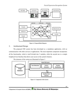 Facial Expression Recognition System
18
© Department of Computer Science &IT(BWN), The Islamia University Of Bahawalpur.
Figure 4:- Proposed Block Diagram
2. Architectural Design
The proposed FER system has been developed as a standalone application, with no
communication with other services or applications. The most important component incorporates
all the functionality, which is itself divided into 3 modules, while the second one is a simple
Graphical User Interface that allows user access to the system's features.
The elements of the system are illustrated in Figure 3
Image
Database
Face Detection Feature
Extraction
Emotion
Classification
Graphical User
Interface
Model FERS System
Figure 5:- Components of the System
 