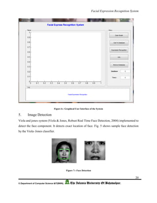 Facial Expression Recognition System
20
© Department of Computer Science &IT(BWN), The Islamia University Of Bahawalpur.
Figure 6:- Graphical User Interface of the System
5. Image Detection
Viola and jones system (Viola & Jones, Robust Real Time Face Detection, 2004) implemented to
detect the face component. It detects exact location of face. Fig. 5 shows sample face detection
by the Viola–Jones classifier.
Figure 7:- Face Detection
 