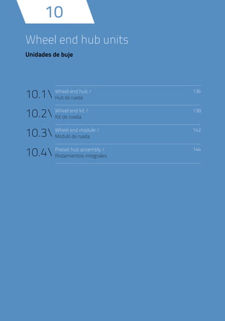 Wheel end hub units
Unidades de buje
10
Wheel end hub /
Hub de rueda
136
138
142
144
Wheel end kit /
Kit de rueda
Wheel end module /
Modulo de rueda
Preset hub assembly /
Rodamientos integrales
10.1
10.2
10.3
10.4
 