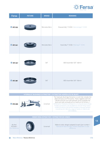 179
13
Fersa PICTURE BRAND REMARKS
BTC 032 Mercedes Benz Disassembly F 15100 / Desmontaje F 15100
BTC 041 Mercedes Benz Assembly F 15100 / Montaje F 15100
BTC 047 SAF ABS Assembler SAF 148mm
BTC 081 SAF ABS Assembler SAF 156mm
HYDRAULIC BUSHINGS EXTRACTOR  EXTRACTOR HIDRÁULICO DE BUJES
BTA 009 Universal
The Hydraulic Bushings Extractor is a set that includes the
plate extractor and Fersa links. These, together with the
cylinder and the ma-nual hydraulic pump, facilitate the
quick and safe removal up to a maximum of 23 tons. 
El Extractor Hidráulico de Bujes es un conjunto que incluye
la placa extractora y los acoplamien-tos de Fersa. Estos,
unidos al cilindro y la bomba hidráulica manual, facilitan
una extracción rápi-da y segura, hasta un máximo de
23 toneladas.
Inner ring Extractor / Extractor de conos
By Part
Number/
Por referencia
Universal
Make to order, designs adapted to each part number /
Fabricación bajo encargo, diseños adaptados a cada
referencia.
	New reference / Nueva referencia
 