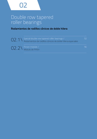 Double row tapered
roller bearings
Rodamientos de rodillos cónicos de doble hilera
02
02.1
02.2
52
56Pinion module /
Módulo de Piñón
Special double row tapered roller bearings /
Rodamientos de rodillos cónicos de doble hilera especiales
 