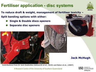 Fertiliser application - disc systems To reduce draft & weight, management of fertiliser toxicity – Split banding options with either: Single & Double discs openers Separate disc openers Jack McHugh  Contributions from Dr Jack Desbiolles (Ashworth et al., 2010) and Baker et al., (2007) 