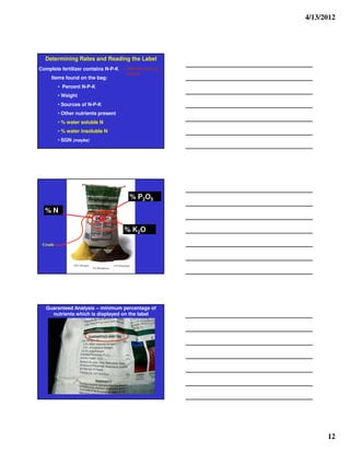 4/13/2012




   Determining Rates and Reading the Label
Complete fertilizer contains N-P-K – called the grade or
                                        analysis
     Items found on the bag:
         • Percent N-P-K
         • Weight
         • Sources of N-P-K
         • Other nutrients present
         • % water soluble N
         • % water insoluble N
         • SGN (maybe)




                                          % P2O5
  %N

                                       % K2O

 Grade




   Guaranteed Analysis – minimum percentage of
     nutrients which is displayed on the label




                                                                 12
 