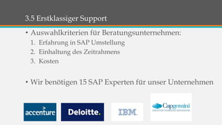 3.5 Erstklassiger Support 
• Auswahlkriterien für Beratungsunternehmen: 
1. Erfahrung in SAP Umstellung 
2. Einhaltung des Zeitrahmens 
3. Kosten 
• Wir benötigen 15 SAP Experten für unser Unternehmen 
 