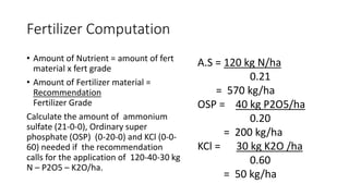 Fertilizer Computation
• Amount of Nutrient = amount of fert
material x fert grade
• Amount of Fertilizer material =
Recommendation
Fertilizer Grade
Calculate the amount of ammonium
sulfate (21-0-0), Ordinary super
phosphate (OSP) (0-20-0) and KCl (0-0-
60) needed if the recommendation
calls for the application of 120-40-30 kg
N – P2O5 – K2O/ha.
A.S = 120 kg N/ha
0.21
= 570 kg/ha
OSP = 40 kg P2O5/ha
0.20
= 200 kg/ha
KCl = 30 kg K2O /ha
0.60
= 50 kg/ha
 