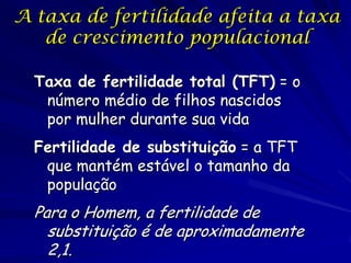 A taxa de fertilidade afeita a taxa
   de crescimento populacional

  Taxa de fertilidade total (TFT) = o
   número médio de filhos nascidos
   por mulher durante sua vida
  Fertilidade de substituição = a TFT
   que mantém estável o tamanho da
   população
  Para o Homem, a fertilidade de
    substituição é de aproximadamente
    2,1.
 